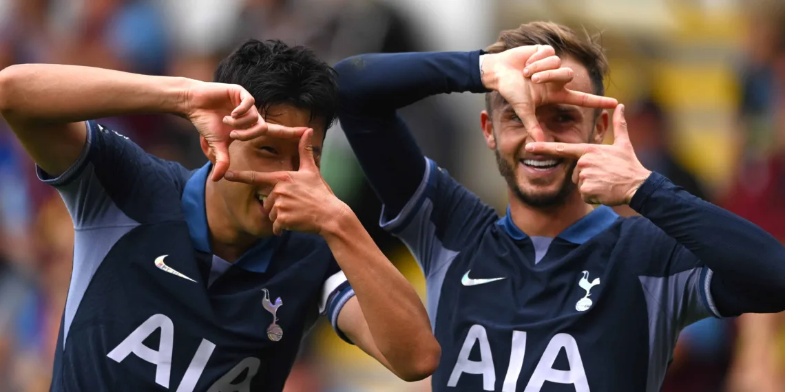 BURNLEY, ENGLAND - SEPTEMBER 02: Heung-Min Son of Tottenham Hotspur celebrates with teammate James Maddison after scoring the team's fourth goal during the Premier League match between Burnley FC and Tottenham Hotspur at Turf Moor on September 02, 2023 in Burnley, England. (Photo by Gareth Copley/Getty Images) *** BESTPIX ***