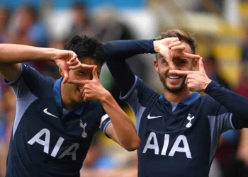 BURNLEY, ENGLAND - SEPTEMBER 02: Heung-Min Son of Tottenham Hotspur celebrates with teammate James Maddison after scoring the team's fourth goal during the Premier League match between Burnley FC and Tottenham Hotspur at Turf Moor on September 02, 2023 in Burnley, England. (Photo by Gareth Copley/Getty Images) *** BESTPIX ***