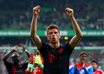FILE PHOTO: Soccer Football - Bundesliga - Werder Bremen v Bayern Munich - Weser-Stadion, Bremen, Germany - May 6, 2023 Bayern Munich's Thomas Mueller celebrates after the match REUTERS/Thilo Schmuelgen./File Photo