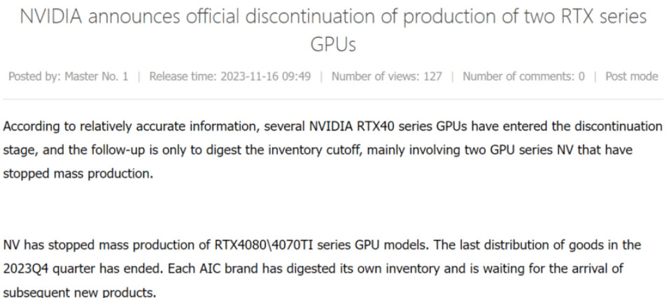 image 540 NVIDIA Ceases Mass Production of RTX 4070 Ti/4080 GPUs, Shifts Focus to Upcoming SUPER Variants