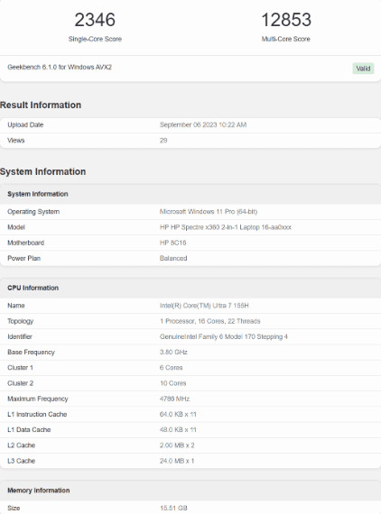 image 608 Upcoming Intel Meteor Lake Core Ultra 155H in Dell XPS 13 Geekbench Results Revealed