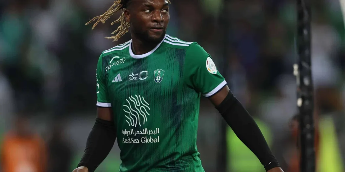 JEDDAH, SAUDI ARABIA - AUGUST 24: Allan Saint-Maximin of Al-Ahli during the Saudi Pro League match between Al-Ahli and Al Akhdoud at the Prince Abdullah al-Faisal Stadium on August 24, 2023 in Jeddah, Saudi Arabia. (Photo by Abdul Ghani Bashir Issa/MB Media/Getty Images)