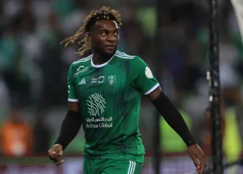 JEDDAH, SAUDI ARABIA - AUGUST 24: Allan Saint-Maximin of Al-Ahli during the Saudi Pro League match between Al-Ahli and Al Akhdoud at the Prince Abdullah al-Faisal Stadium on August 24, 2023 in Jeddah, Saudi Arabia. (Photo by Abdul Ghani Bashir Issa/MB Media/Getty Images)