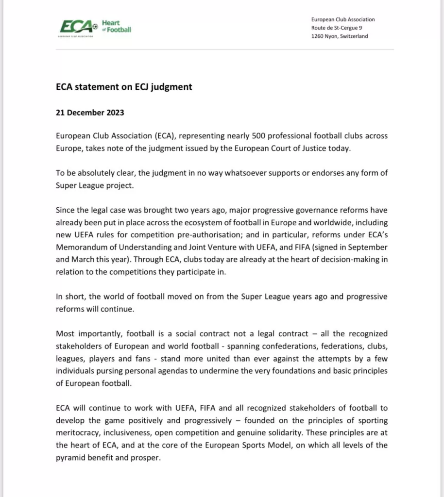 ECA Official Statement on Super League Image Credits Twitter Super League: Court Rules FIFA and UEFA Regulations Blocking It as Unlawful