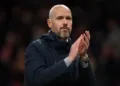 MANCHESTER, ENGLAND - NOVEMBER 11: Manchester United manager Erik ten Hag applauds the fans after the Premier League match between Manchester United and Luton Town at Old Trafford on November 11, 2023 in Manchester, England. (Photo by Visionhaus/Getty Images)