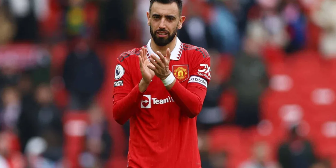 Soccer Football - Premier League - Manchester United v Aston Villa - Old Trafford, Manchester, Britain - April 30, 2023 Manchester United's Bruno Fernandes celebrates after the match REUTERS/Molly Darlington
