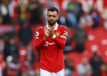 Soccer Football - Premier League - Manchester United v Aston Villa - Old Trafford, Manchester, Britain - April 30, 2023 Manchester United's Bruno Fernandes celebrates after the match REUTERS/Molly Darlington