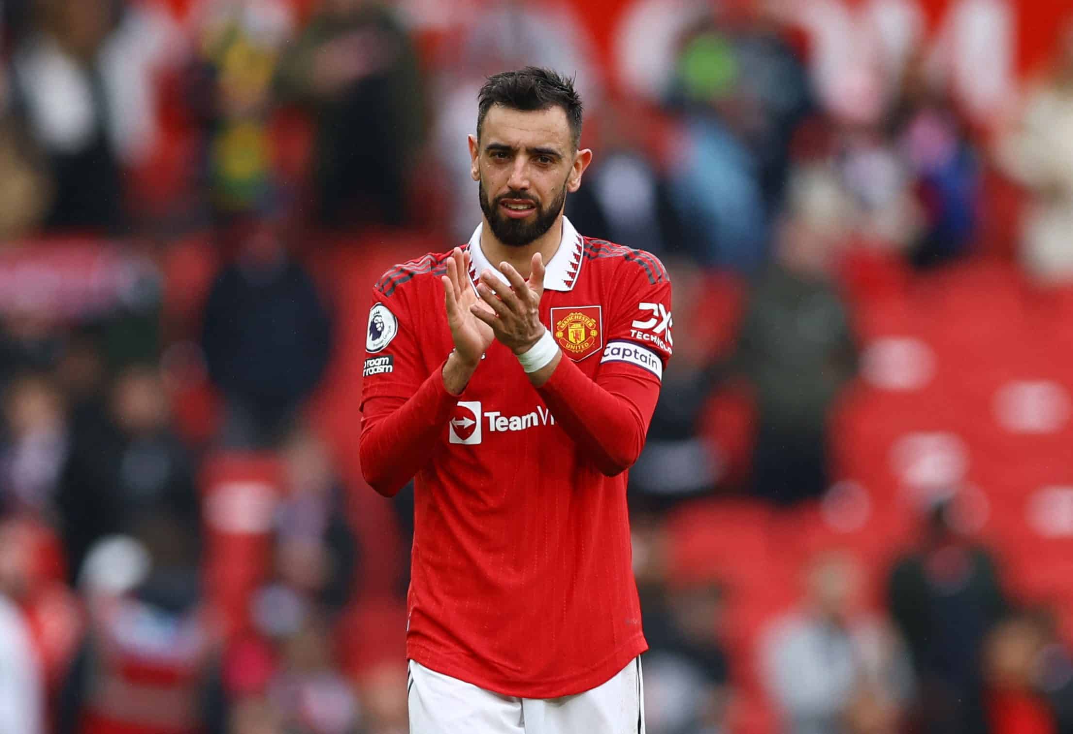 Soccer Football - Premier League - Manchester United v Aston Villa - Old Trafford, Manchester, Britain - April 30, 2023 Manchester United's Bruno Fernandes celebrates after the match REUTERS/Molly Darlington