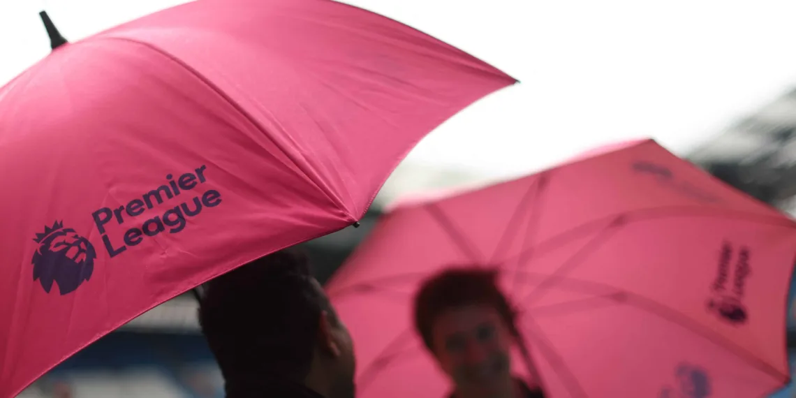 FILE PHOTO: Soccer Football - Premier League - Manchester City v Fulham - Etihad Stadium, Manchester, Britain - November 5, 2022 General view of the Premier League logo on an umbrella inside the stadium before the match REUTERS/Carl Recine