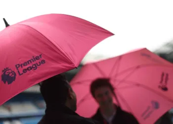 FILE PHOTO: Soccer Football - Premier League - Manchester City v Fulham - Etihad Stadium, Manchester, Britain - November 5, 2022 General view of the Premier League logo on an umbrella inside the stadium before the match REUTERS/Carl Recine