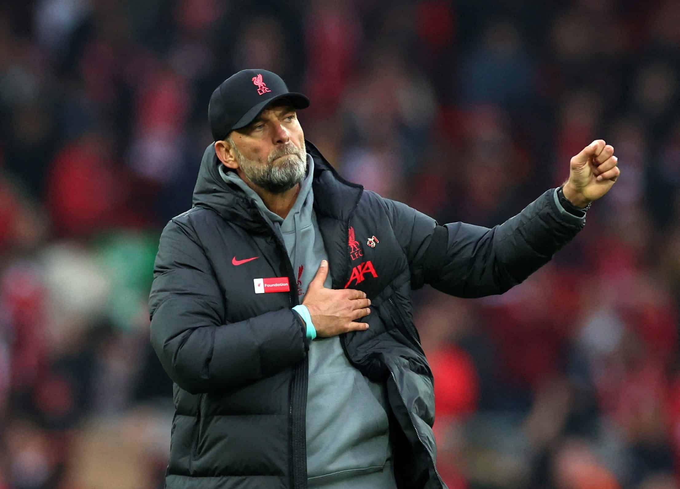 FILE PHOTO: Soccer Football - Premier League - Liverpool v Arsenal - Anfield, Liverpool, Britain - April 9, 2023 Liverpool manager Juergen Klopp acknowledges fans after the match REUTERS/Phil Noble/File Photo