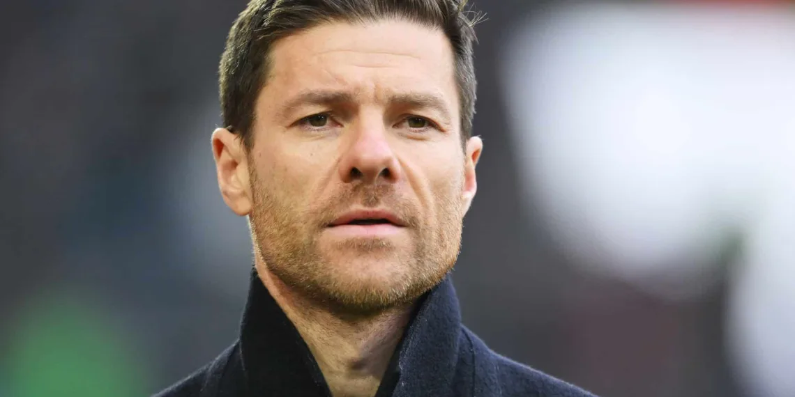 AUGSBURG, GERMANY - JANUARY 13: Xabi Alonso, Head Coach of Bayer Leverkusen, looks on prior to the Bundesliga match between FC Augsburg and Bayer 04 Leverkusen at WWK-Arena on January 13, 2024 in Augsburg, Germany. (Photo by Sebastian Widmann/Getty Images)