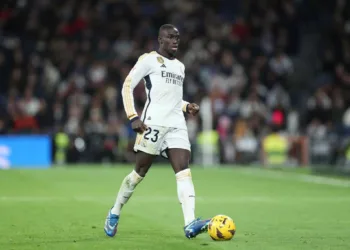 MADRID, SPAIN - DECEMBER 02: Ferland Mendy of Real Madrid CF strikes the ball during the LaLiga EA Sports match between Real Madrid CF and Granada CF at Estadio Santiago Bernabeu on December 02, 2023 in Madrid, Spain. (Photo by Gonzalo Arroyo Moreno/Getty Images)