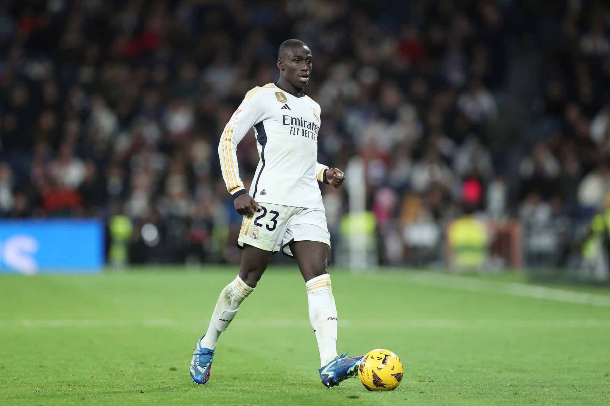 MADRID, SPAIN - DECEMBER 02: Ferland Mendy of Real Madrid CF strikes the ball during the LaLiga EA Sports match between Real Madrid CF and Granada CF at Estadio Santiago Bernabeu on December 02, 2023 in Madrid, Spain. (Photo by Gonzalo Arroyo Moreno/Getty Images)