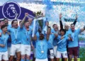 Soccer Football - Premier League - Manchester City v Chelsea - Etihad Stadium, Manchester, Britain - May 21, 2023 Manchester City's Ilkay Gundogan lifts the trophy as he celebrates with teammates after winning the Premier League Action Images via Reuters/Lee Smith