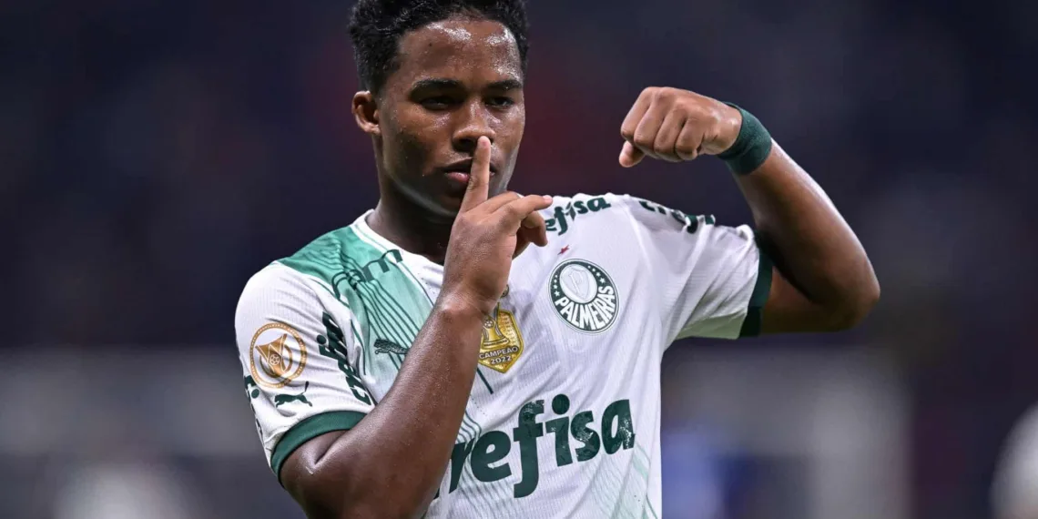 BELO HORIZONTE, BRAZIL - DECEMBER 06: Endrick of Palmeiras celebrates after scoring the team's first goal during the match between Cruzeiro and Palmeiras as part of Brasileirao 2023 at Mineirao Stadium on December 06, 2023 in Belo Horizonte, Brazil. (Photo by Pedro Vilela/Getty Images)