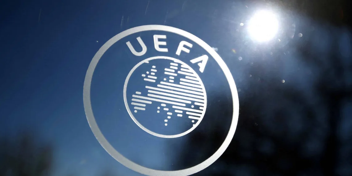 FILE PHOTO: Soccer Football - Europa League - Round of 16 draw - Nyon, Switzerland - February 28, 2020. General view of the UEFA logo at UEFA Headquarters before the draw. REUTERS/Denis Balibouse