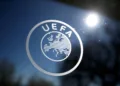 FILE PHOTO: Soccer Football - Europa League - Round of 16 draw - Nyon, Switzerland - February 28, 2020. General view of the UEFA logo at UEFA Headquarters before the draw. REUTERS/Denis Balibouse