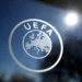 FILE PHOTO: Soccer Football - Europa League - Round of 16 draw - Nyon, Switzerland - February 28, 2020. General view of the UEFA logo at UEFA Headquarters before the draw. REUTERS/Denis Balibouse
