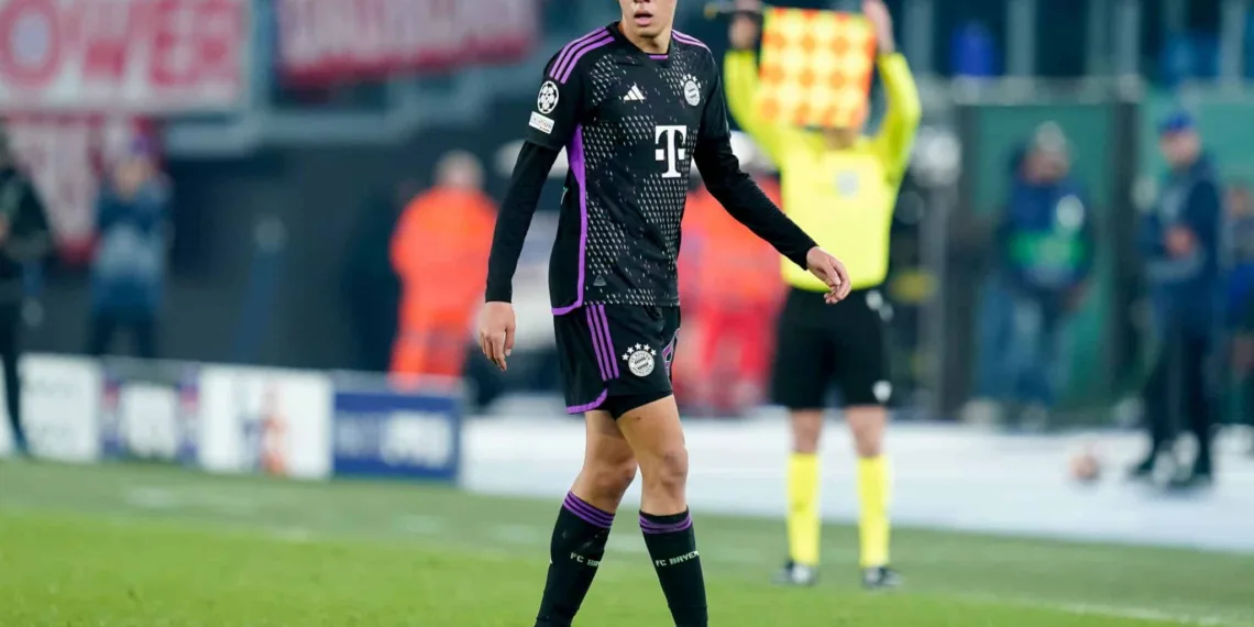 Jamal Musiala of FC Bayern Munich during the UEFA Champions League Round of 16 match between SS Lazio v FC Bayern Munich at Stadio Olimpico Roma on February 14, 2024 in Rome, Italy. (Photo by Giuseppe Maffia/NurPhoto via Getty Images)