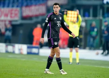 Jamal Musiala of FC Bayern Munich during the UEFA Champions League Round of 16 match between SS Lazio v FC Bayern Munich at Stadio Olimpico Roma on February 14, 2024 in Rome, Italy. (Photo by Giuseppe Maffia/NurPhoto via Getty Images)
