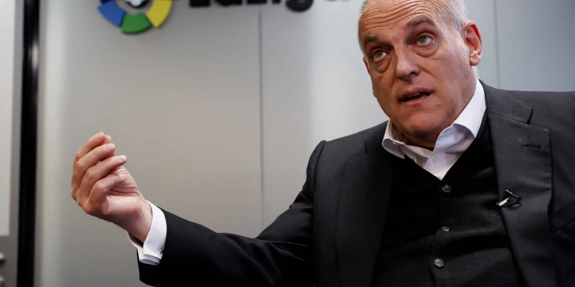Soccer Football - La Liga President Javier Tebas speaks to Reuters about Vinicius Jr and racism - La Liga headquarters, Madrid, Spain - May 24, 2023 La Liga president Javier Tebas during an interview with Reuters.  REUTERS/Guillermo Martinez