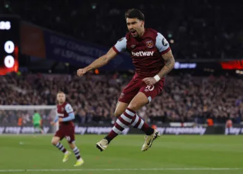 Soccer Football - Europa League - Round of 16 - Second Leg - West Ham United v SC Freiburg - London Stadium, London, Britain - March 14, 2024 West Ham United's Lucas Paqueta celebrates scoring their first goal Action Images via Reuters/Andrew Couldridge