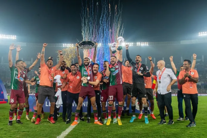 Mohun Bagan SG with the ISL Shield, Image Credits- Twitter Dominance of Kolkata Football Clubs in Indian Football This Season As Mohun Bagan Win ISL Shield