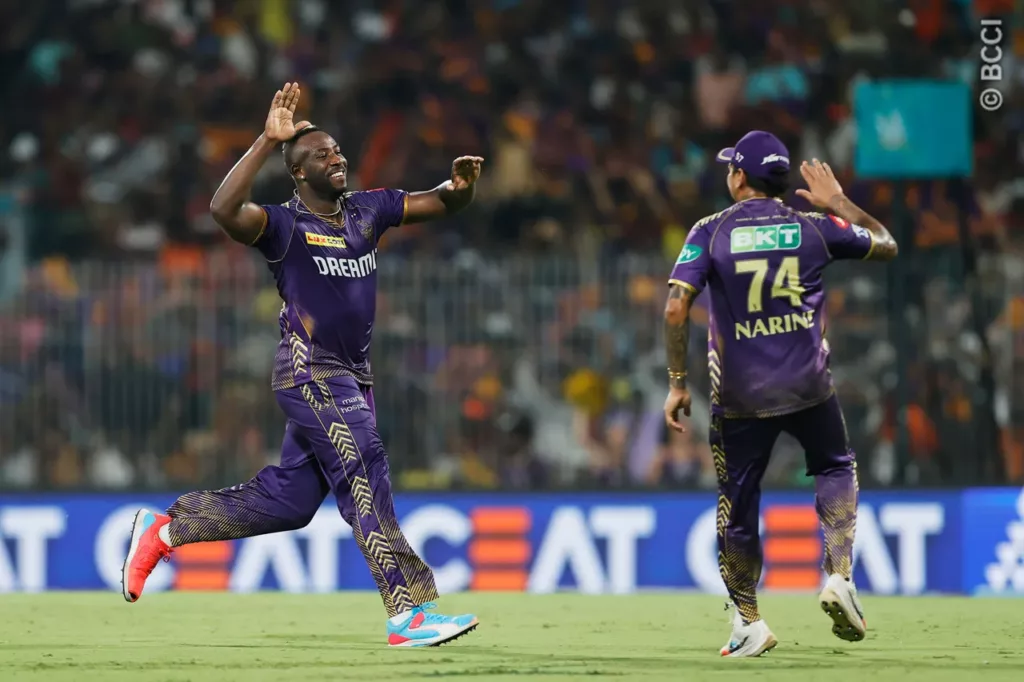 Andre Russel and Sunil Naine Celebrating Russells Wicket. Image Credits BCCI Reviewing Kolkata Knight Riders’ IPL 2024 Season: Positives, Negatives and Who Should They Retain Ahead of The 2025 Mega Auction