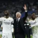 Soccer Football - Champions League - Semi Final - Second Leg - Real Madrid v Bayern Munich - Santiago Bernabeu, Madrid, Spain - May 8, 2024 Real Madrid's Antonio Rudiger, coach Carlo Ancelotti and Vinicius Junior celebrate after the match REUTERS/Susana Vera