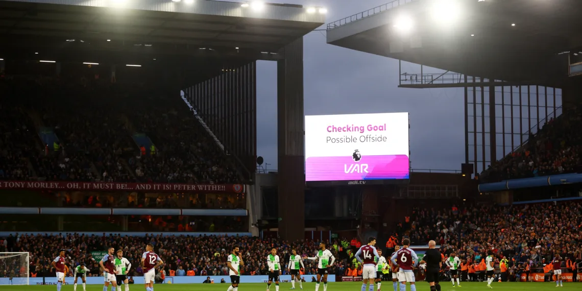 FILE PHOTO: Soccer Football - Premier League - Aston Villa v Liverpool - Villa Park, Birmingham, Britain - May 13, 2024  General view as the big screen displays a pending VAR decision for Liverpool's second goal scored by Cody Gakpo REUTERS/Carl Recine/File Photo