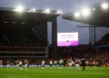 FILE PHOTO: Soccer Football - Premier League - Aston Villa v Liverpool - Villa Park, Birmingham, Britain - May 13, 2024  General view as the big screen displays a pending VAR decision for Liverpool's second goal scored by Cody Gakpo REUTERS/Carl Recine/File Photo