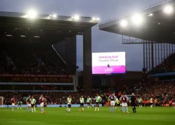 FILE PHOTO: Soccer Football - Premier League - Aston Villa v Liverpool - Villa Park, Birmingham, Britain - May 13, 2024  General view as the big screen displays a pending VAR decision for Liverpool's second goal scored by Cody Gakpo REUTERS/Carl Recine/File Photo