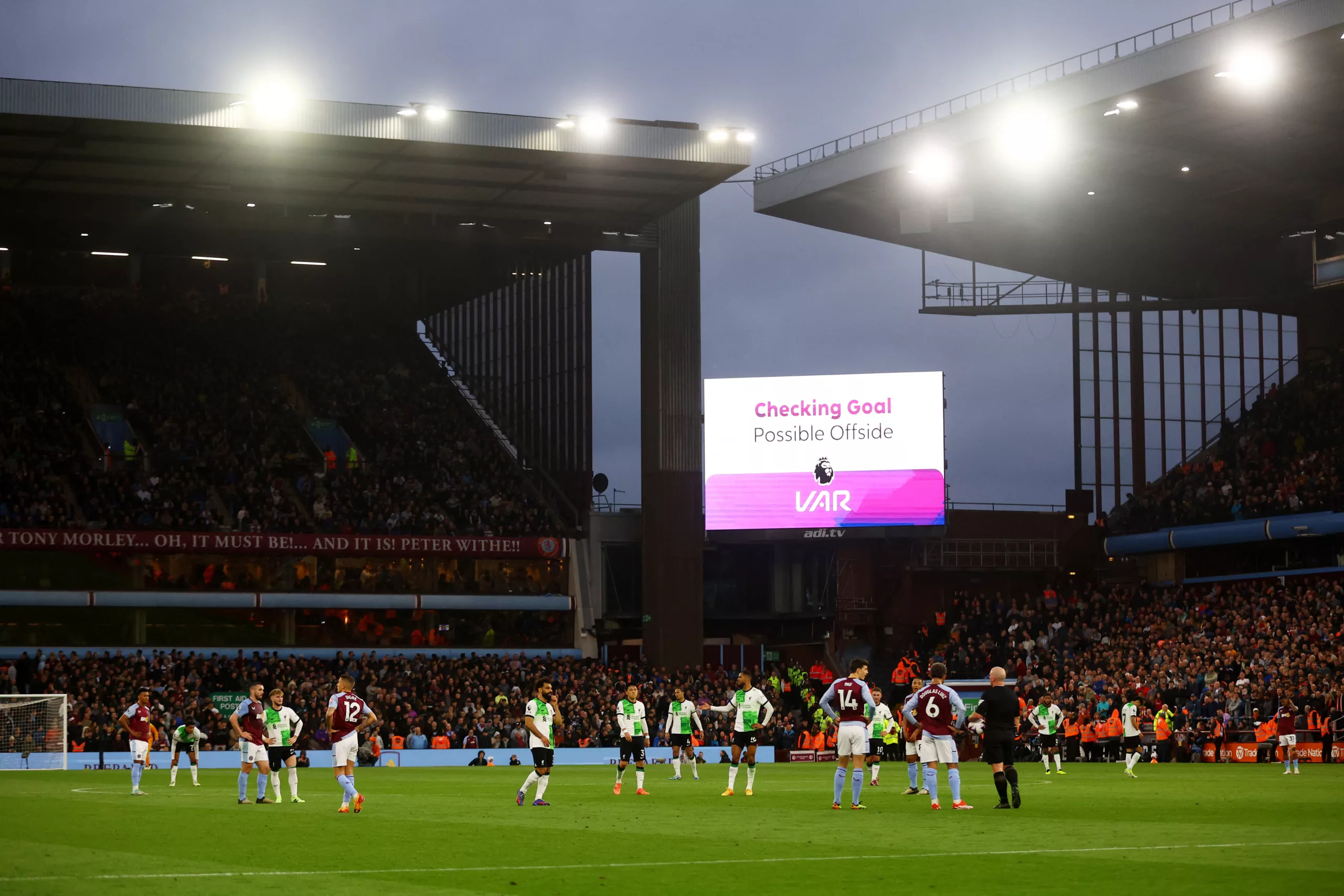 FILE PHOTO: Soccer Football - Premier League - Aston Villa v Liverpool - Villa Park, Birmingham, Britain - May 13, 2024  General view as the big screen displays a pending VAR decision for Liverpool's second goal scored by Cody Gakpo REUTERS/Carl Recine/File Photo