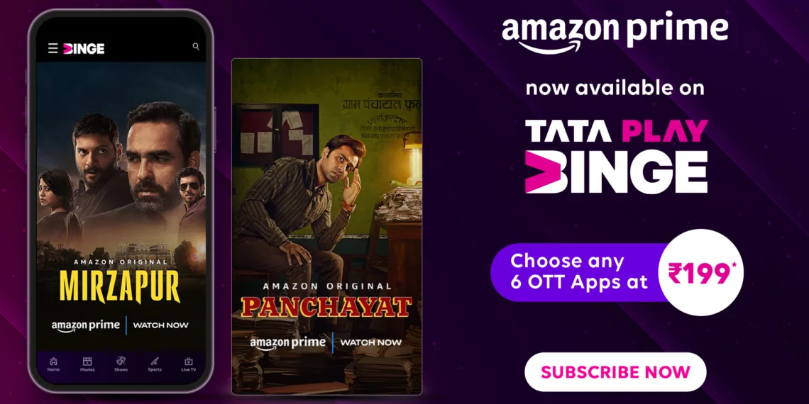 Amazon Prime and Tata Play – Plans & Benefits DTH Packs and Prime Lite with Tata Play Access Prime Video content on any 2 screens (mobile or TV) Access to exclusive deals and free shipping on Amazon Available as a bundle with linear TV packs Price – Starting at INR 199 per month Prime Lite with Tata Play Binge Access Prime Video content on any 2 screens (mobile or TV) Access to exclusive deals and unlimited same day and next day delivery across millions of products Select 6 OTT apps, including Prime Lite at INR 199 per month, or enjoy all 33 apps, including Prime Lite, at INR 349 per month