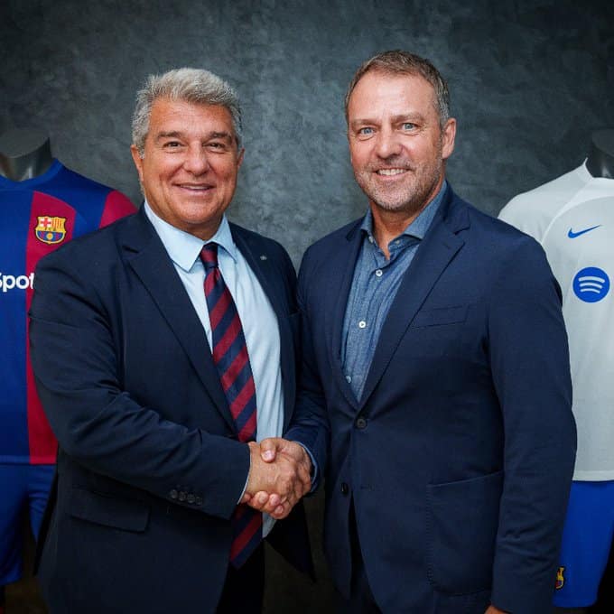Hansi Flick With Barcelona President Joan Laporta. Image Credits Barcelona Twitter jpg Hansi Flick To Barcelona: Football Ideology, Playing Style, An In-depth Tactical Analysis