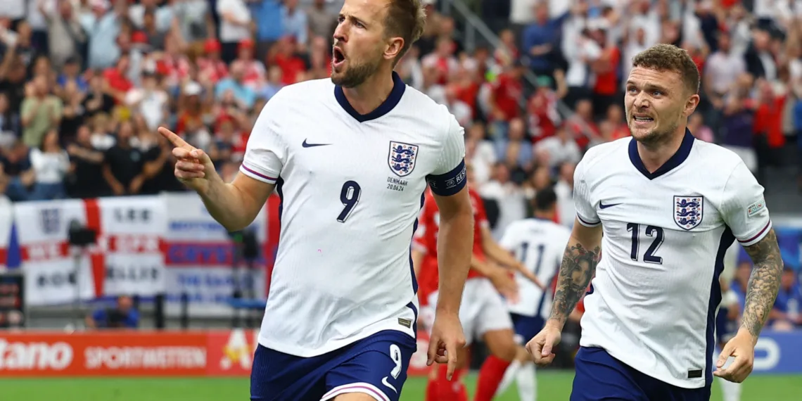 Soccer Football - Euro 2024 - Group C - Denmark v England - Frankfurt Arena, Frankfurt, Germany - June 20, 2024 England's Harry Kane celebrates scoring their first goal with Kieran Trippier REUTERS/Lee Smith