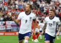 Soccer Football - Euro 2024 - Group C - Denmark v England - Frankfurt Arena, Frankfurt, Germany - June 20, 2024 England's Harry Kane celebrates scoring their first goal with Kieran Trippier REUTERS/Lee Smith