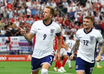 Soccer Football - Euro 2024 - Group C - Denmark v England - Frankfurt Arena, Frankfurt, Germany - June 20, 2024 England's Harry Kane celebrates scoring their first goal with Kieran Trippier REUTERS/Lee Smith