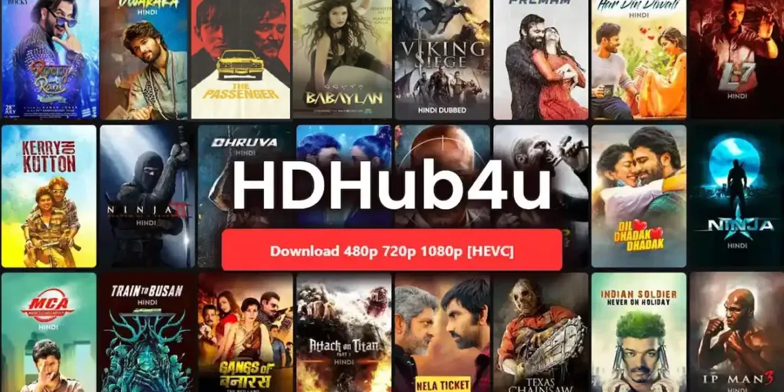 'HDHub4U Hindi Movie' featuring film reels, Bollywood actors, and a streaming interface, set against a backdrop of iconic Bollywood imagery and a digital streaming theme.