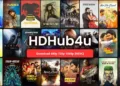 'HDHub4U Hindi Movie' featuring film reels, Bollywood actors, and a streaming interface, set against a backdrop of iconic Bollywood imagery and a digital streaming theme.