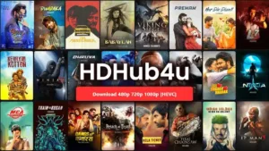 'HDHub4U Hindi Movie' featuring film reels, Bollywood actors, and a streaming interface, set against a backdrop of iconic Bollywood imagery and a digital streaming theme.