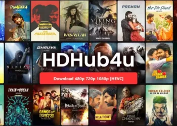 'HDHub4U Hindi Movie' featuring film reels, Bollywood actors, and a streaming interface, set against a backdrop of iconic Bollywood imagery and a digital streaming theme.