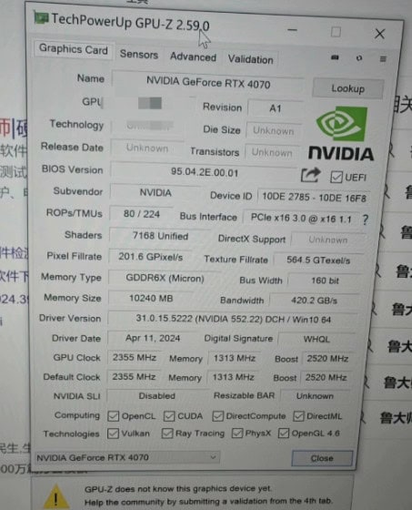 image 2 94 Unreleased NVIDIA GeForce RTX 4070 10 GB GPU Spotted: Features 7168 Cores & 21 Gbps GDDR6X Memory