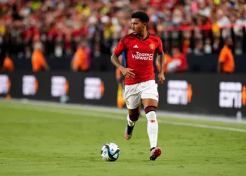 FILE PHOTO: Jul 30, 2023; Las Vegas, Nevada, USA; Manchester United forward Jadon Sancho (25) runs with the ball during the first half against Borussia Dortmund at Allegiant Stadium. Mandatory Credit: Lucas Peltier-USA TODAY Sports/File Photo