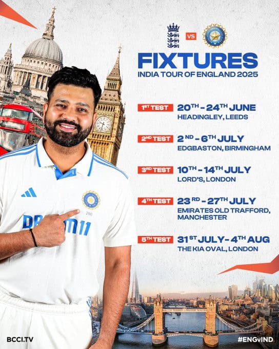 image 13 234 Team India 2025 England Tour: BCCI Unveils Team India's 2025 England Tour, 5-Test Series Schedule and Key Dates