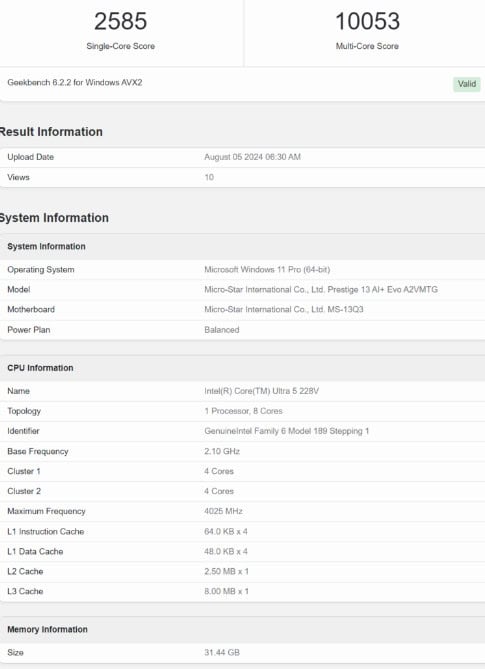 image 6 112 Intel Core Ultra 5 228V “Lunar Lake” CPU Tested in Geekbench