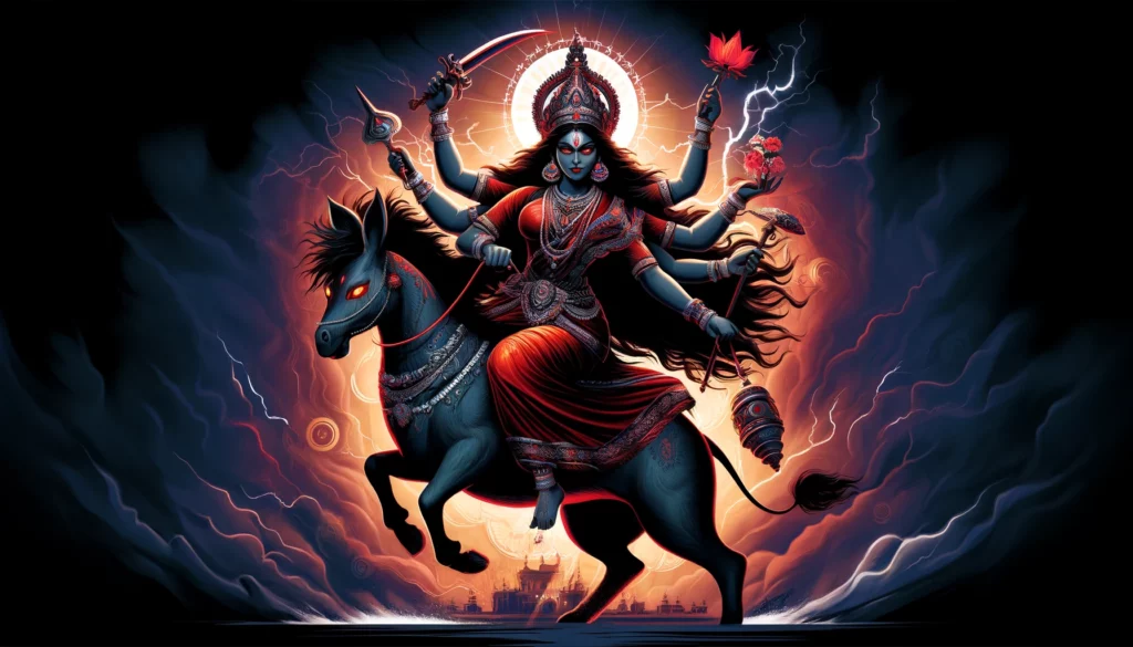 A dramatic and powerful illustration of Goddess Kalaratri the seventh form of Goddess Durga worshipped on the seventh day of Navratri. The image shou Day 7 Navratri Goddess: Worship of Maa Kalaratri, the Fiercest Form of Durga Significance, Puja Rule, Shubh Muhurat and More