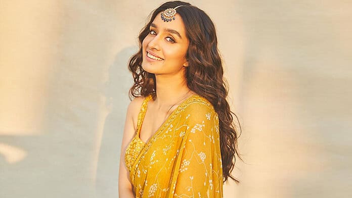 Shraddha-Kapoor-yellow-Arpita-Mehta-sari-embellished-blouse-maang-tikka