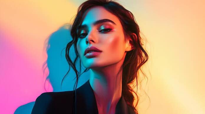 a-fashionable-woman-standing-under-ambient-lighting-with-shades-of-blue-pink-and-yellow-casting-soft-highlights-on-her-face-photo